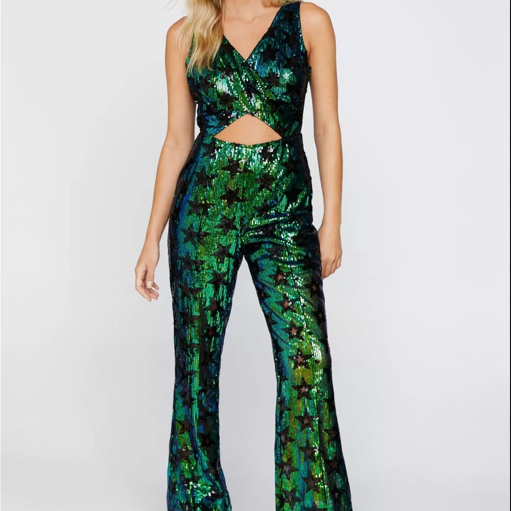 Nasty Gal Star Sequin Cut Out Flare Jumpsuit NWT